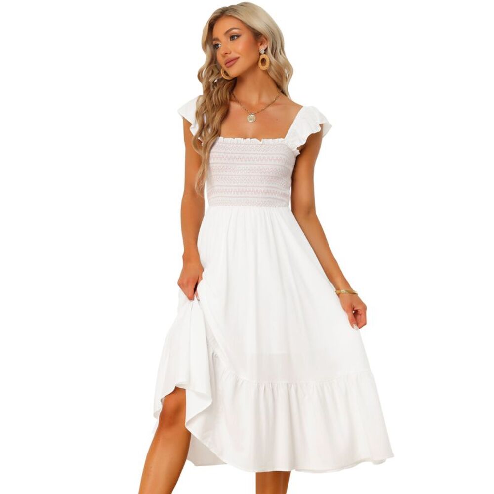 Boho Midi Dress Square Neck Ruffle Tiered Flowy Smocked Sundress White